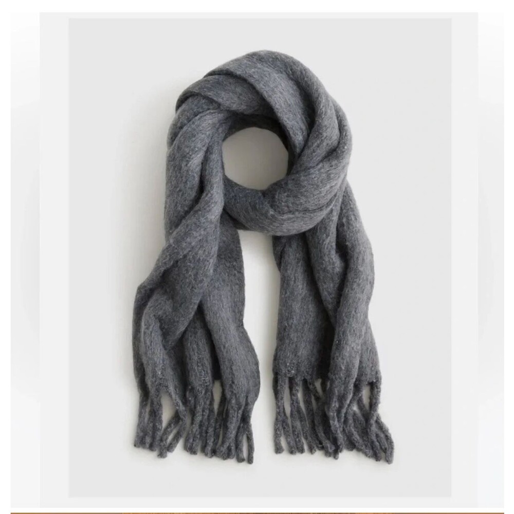 Jcrew Gray Brushed Woven Scarf Fringe Wrap Chunky Oversized Minimal One Size
